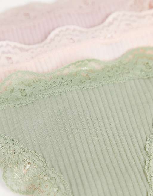 ASOS DESIGN 3 pack rib & lace thong in pink, mink & sage, 3 of 4