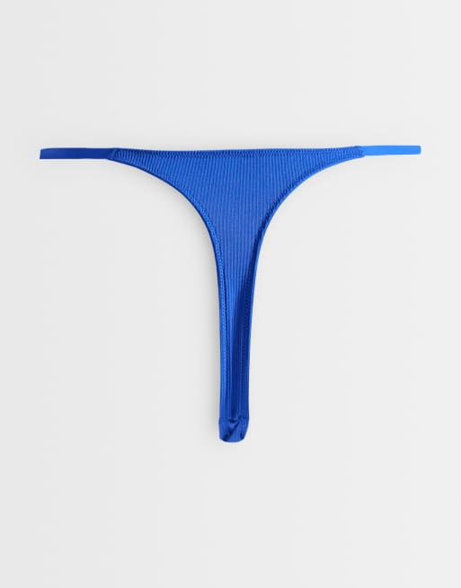 ASOS DESIGN 3 pack rib tanga thong with picot trim in cream, grey marl & blue, 2 of 3