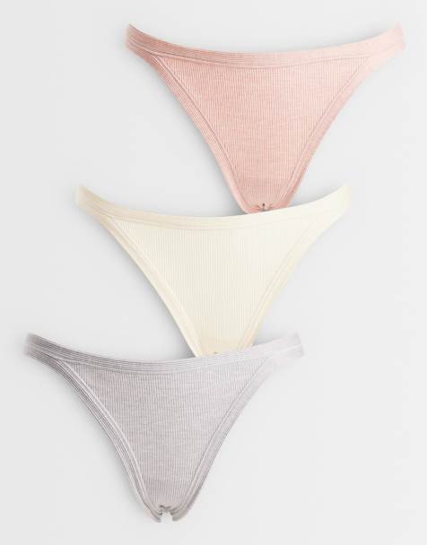 ASOS DESIGN 3 pack ribbed 90s tanga brazilian in white, gray & oatmeal heather - view 1