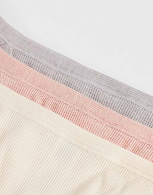 ASOS DESIGN 3 pack ribbed 90s tanga brazilian in white, gray & oatmeal heather, 2 of 3