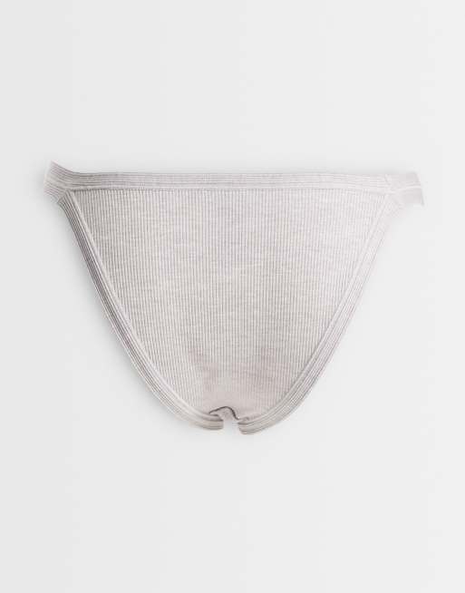 ASOS DESIGN 3 pack ribbed 90s tanga brazilian in white, gray & oatmeal heather, 3 of 3