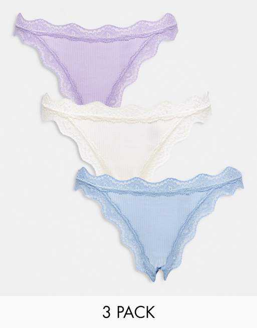 ASOS DESIGN 3 pack ribbed and lace thong in lilac, blue & pink