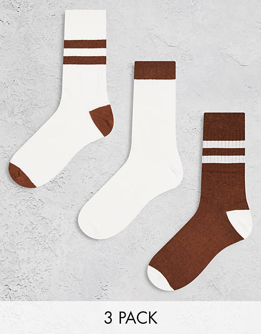 ASOS DESIGN 3 pack ribbed ankle sock in brown and off-white with ...