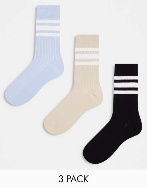 ASOS DESIGN 3 pack ribbed ankle socks with stripe detail in stone/blue ...