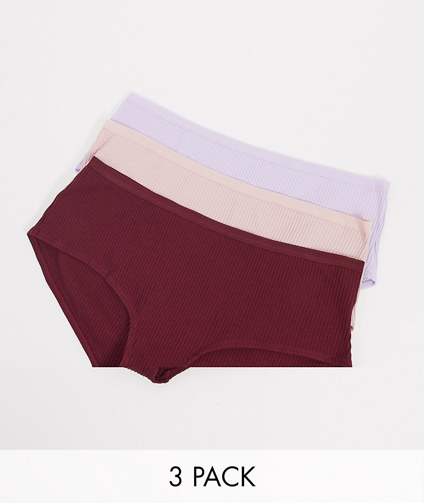 Asos Design 3 Pack Ribbed Brief In Pink Lilac & Oxblood-multi