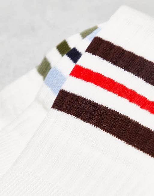 ASOS DESIGN 3 pack ribbed crew socks in ecru with coloured stripes | ASOS