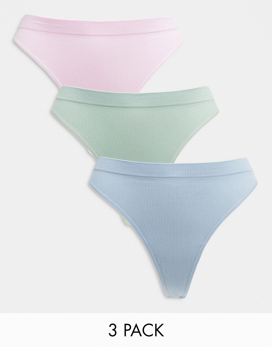 ASOS DESIGN 3 pack ribbed seamless thong in dusty pink, green & blue-Multi