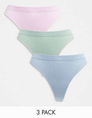 ASOS DESIGN 3 pack ribbed seamless thong in dusty pink, green