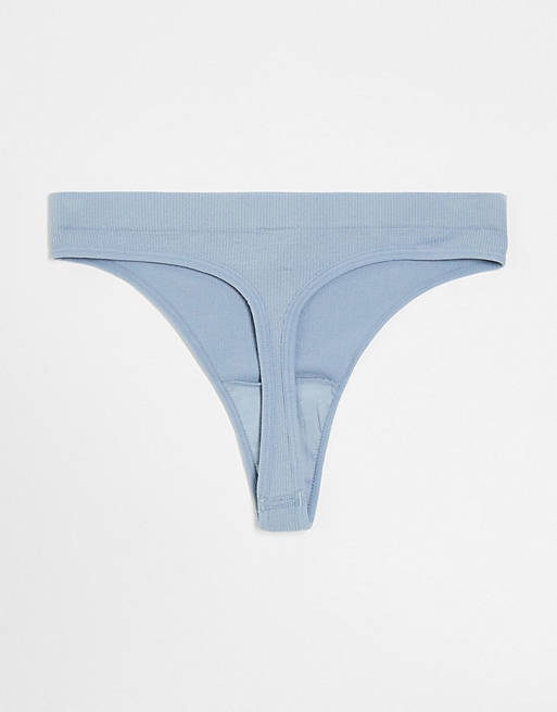 ASOS DESIGN 3 pack ribbed seamless thong in dusty pink, green & blue