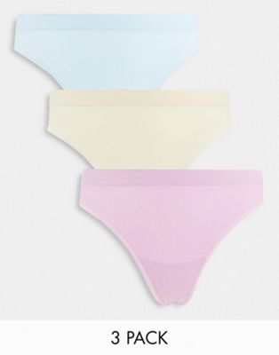ASOS DESIGN 3 pack ribbed seamless thong pack in blue, lilac & cream