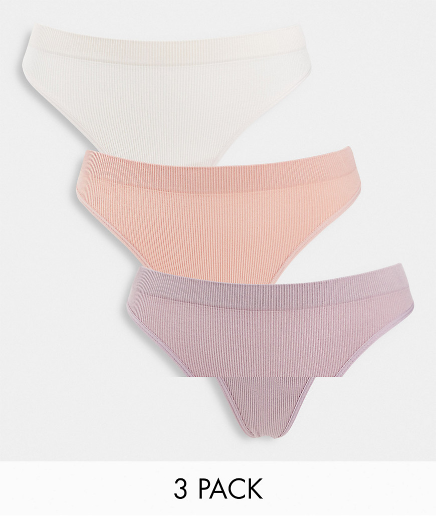 ASOS DESIGN 3 pack ribbed seamless thong pack in dusty neutrals-Multi