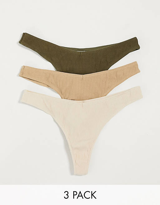 ASOS DESIGN 3 pack ribbed thongs in khaki beige & brown