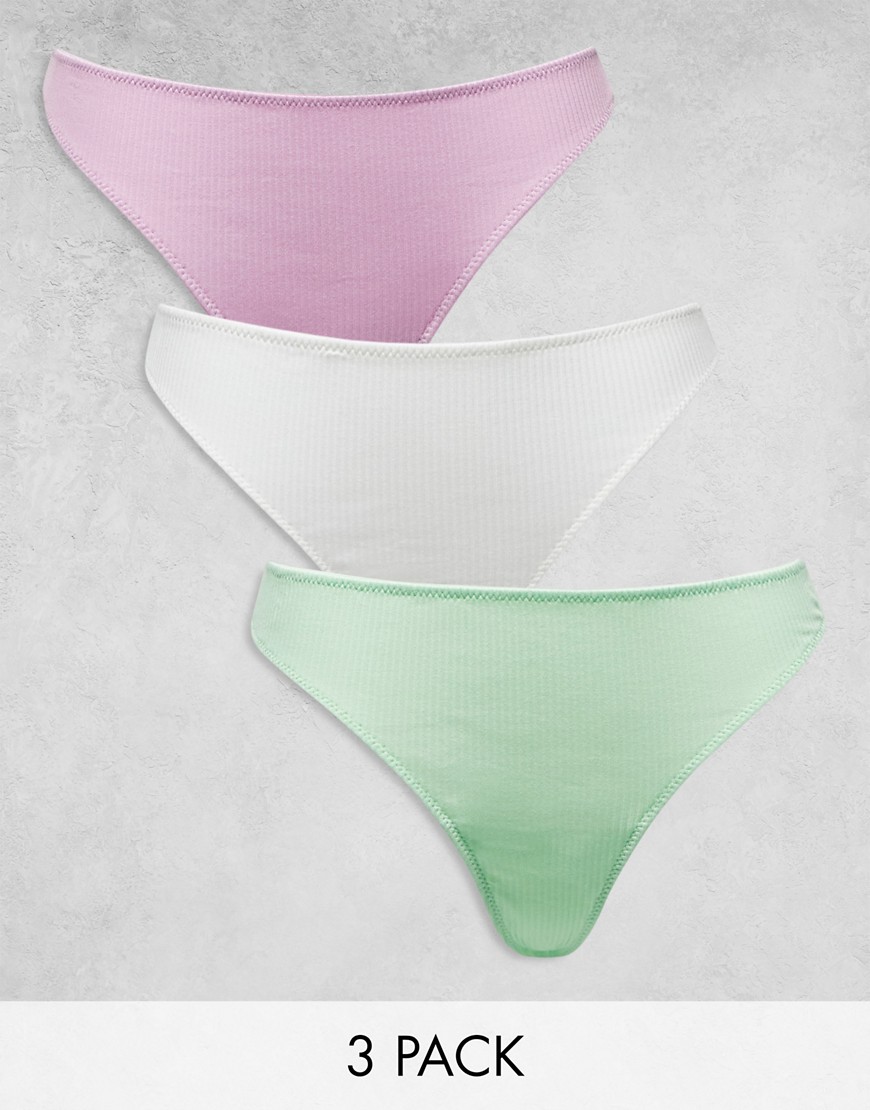 ASOS DESIGN 3 pack ribbed thongs in white, lilac & pistachio-Multi