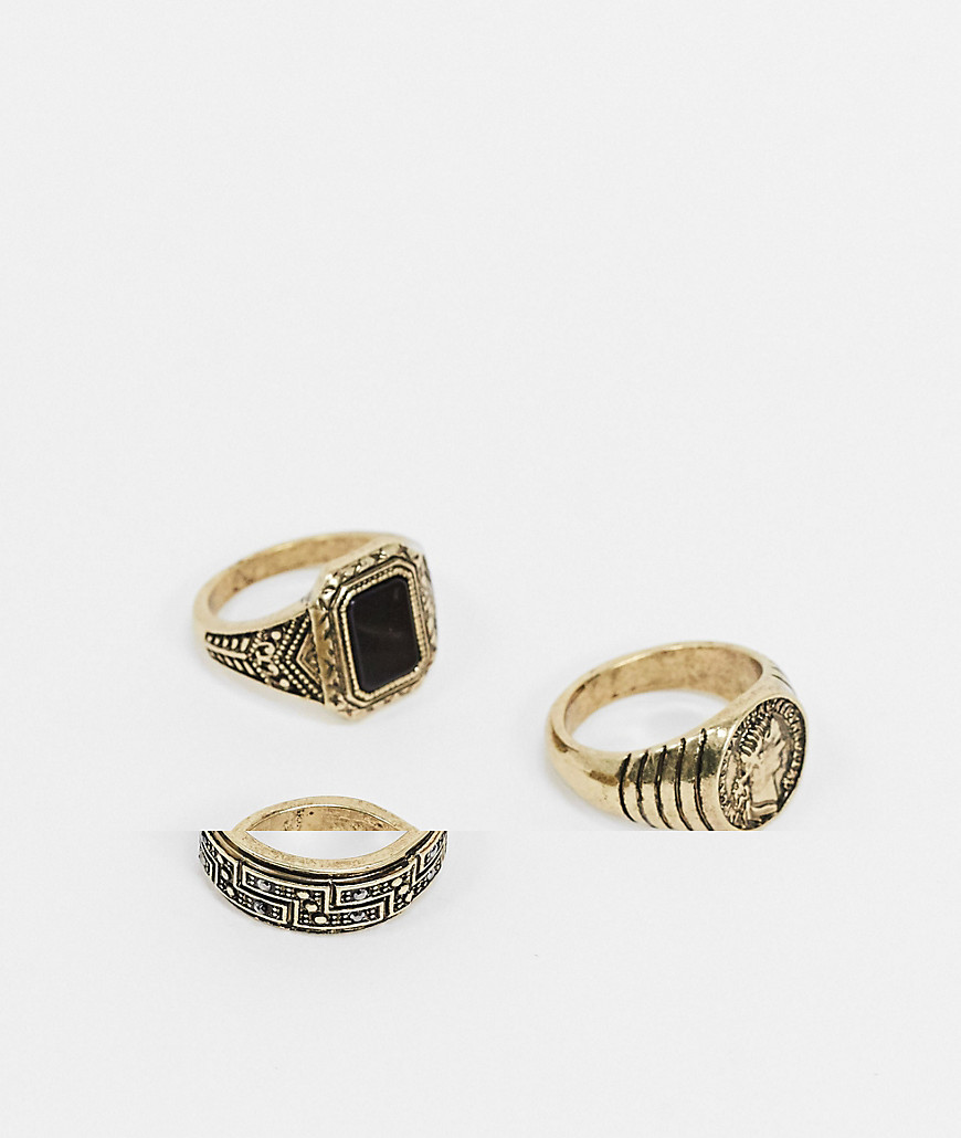 ASOS DESIGN 3-pack ring set in burnished gold tone