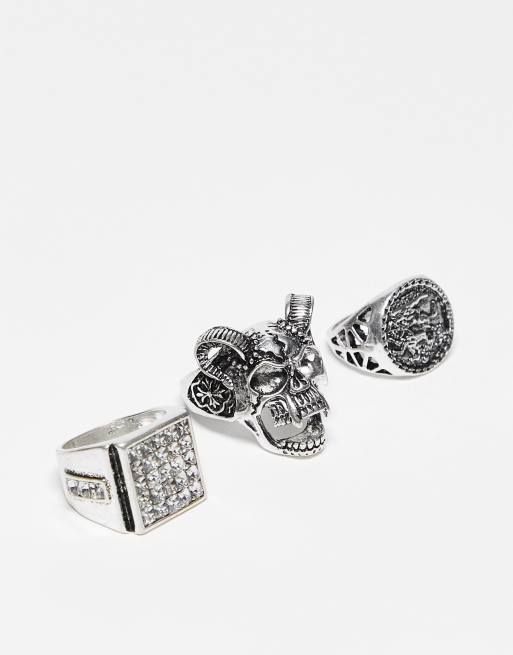 ASOS DESIGN 3 pack ring set with animal skull and crystals in burnished silver tone