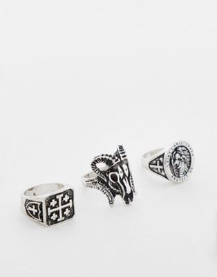 ASOS DESIGN 3 pack ring set with bulls head in burnished silver