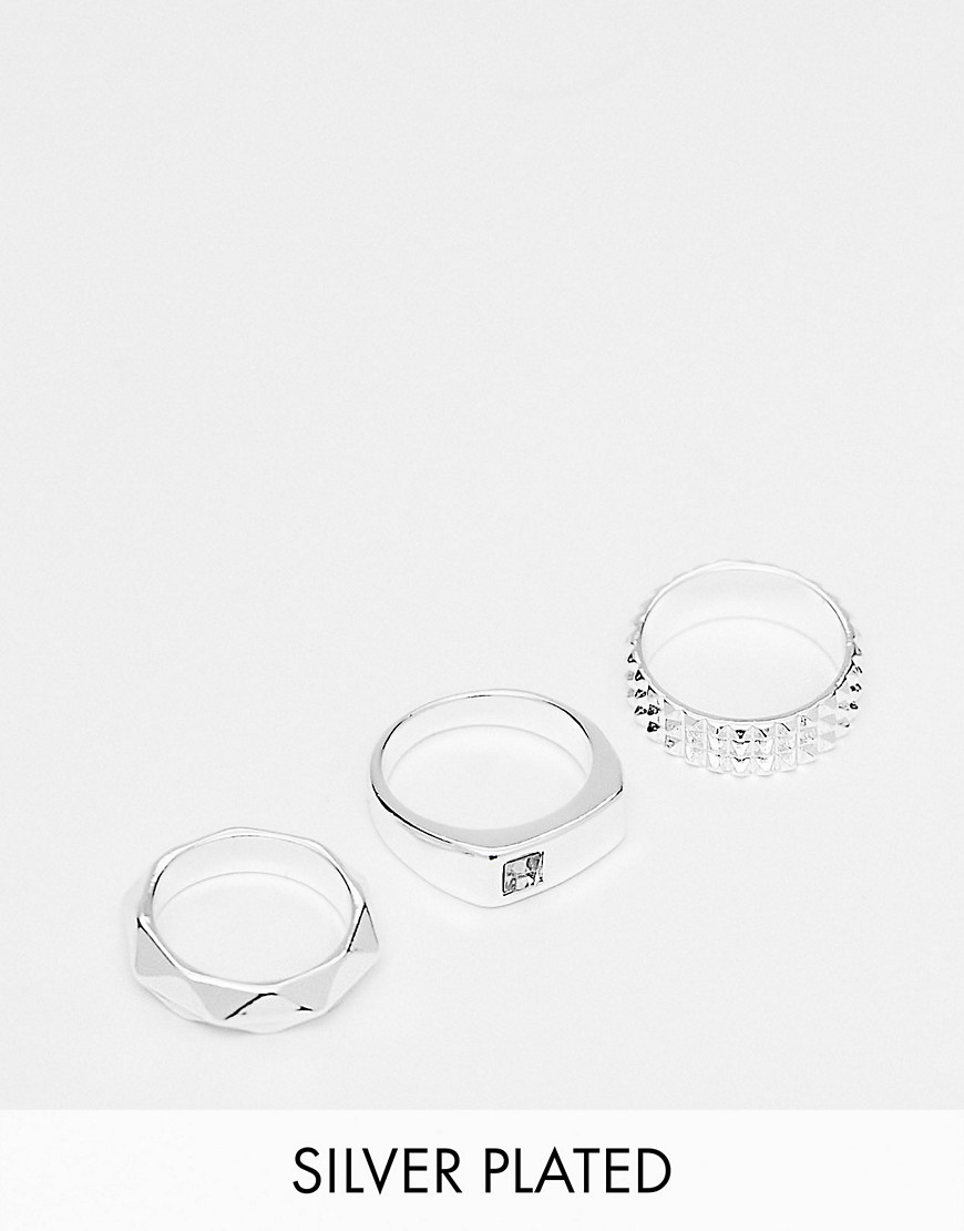 ASOS DESIGN 3 pack ring set with crystals in silver plate