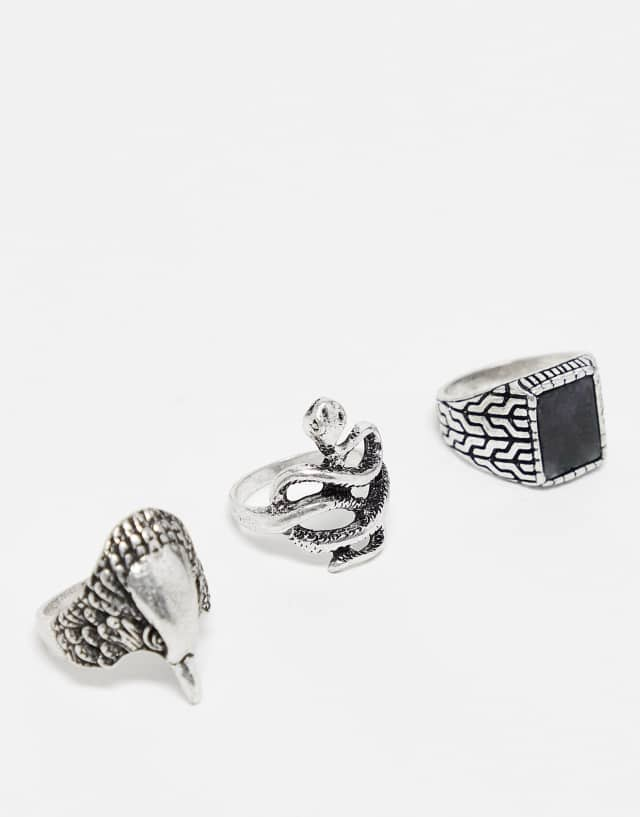 ASOS DESIGN 3 pack ring set with snake and skull in burnished silver