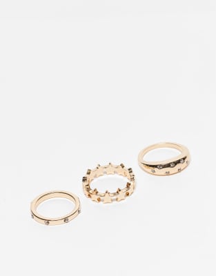 Asos Design 3-pack Rings With Celestial Design In Gold