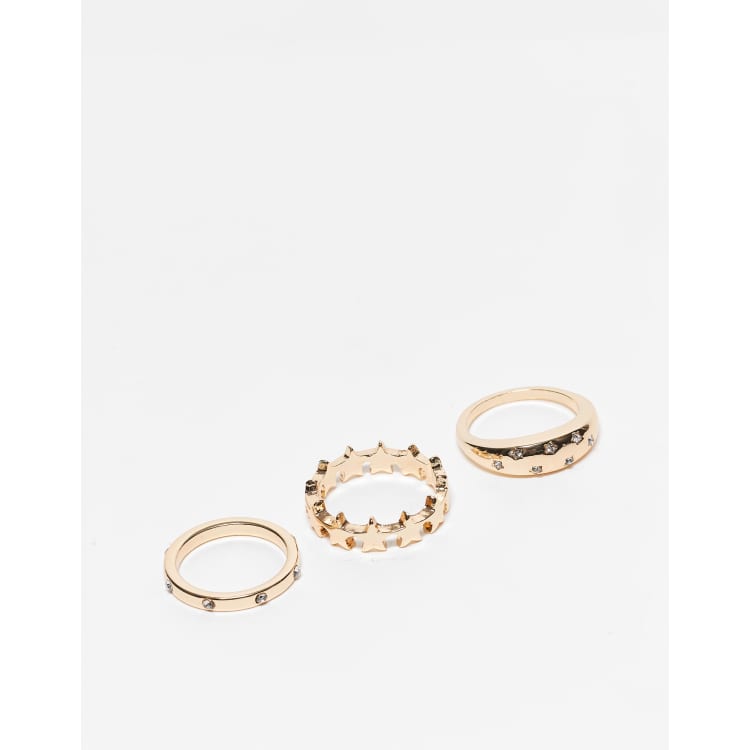ASOS Design 3 Pack Rings with Celestial Design in Gold Tone