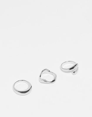 Asos Design 3-pack Rings With Mixed Minimal Designs In Silver Tone