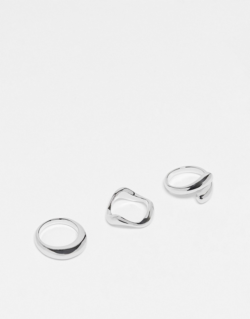 Asos Design 3-pack Rings With Mixed Minimal Designs In Silver Tone