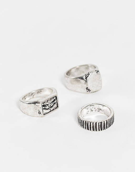 ASOS DESIGN 3 pack ring set with nature design in burnished silver tone