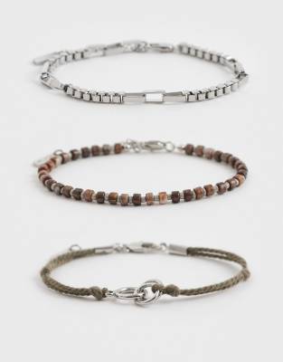 Asos Design 3 Pack Rope And Bead Bracelet In Silver