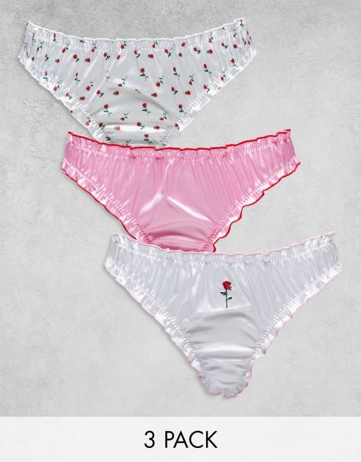 ASOS DESIGN 3 pack rose satin scrunch thong in white & pink