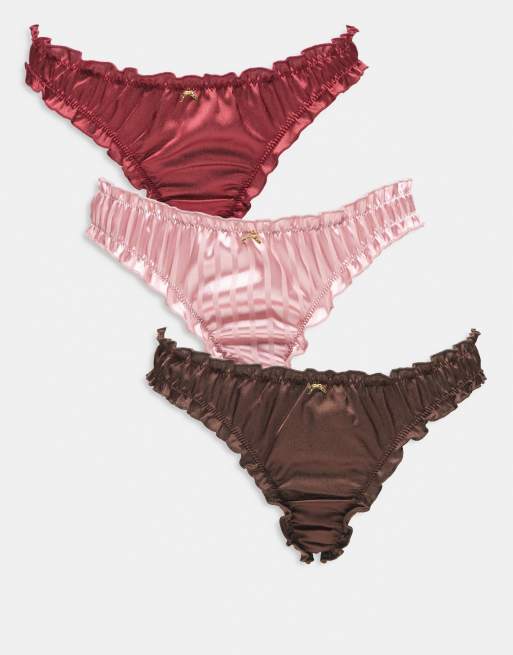 ASOS DESIGN 3 pack satin scrunch thong pack with gold bow charm detail in burgundy, chocolate and pink stripe