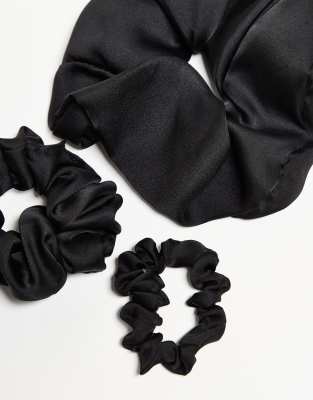 Asos Design 3-pack Satin Scrunchies In Black
