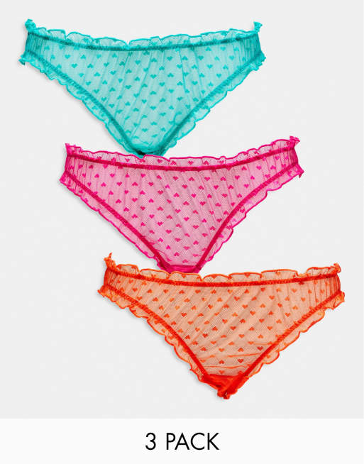 ASOS DESIGN 3 pack scrunch heart mesh brazilian briefs in orange, pink,  turquoise