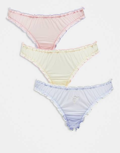 ASOS DESIGN 3 pack scrunch thongs with sea shell embroidery in yellow, blue & pink - view 1