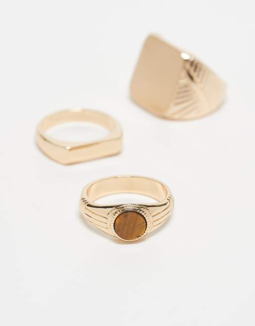ASOS DESIGN 3 pack semi-precious tigers eye stone signet ring set in gold, 3 of 3