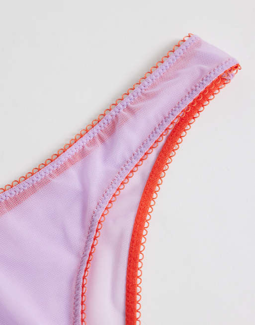ASOS DESIGN 3 pack sheer mesh high leg brazilian with contrast trim in pink, blue & lime, 2 of 3