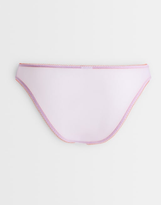 ASOS DESIGN 3 pack sheer mesh high leg brazilian with contrast trim in pink, blue & lime, 3 of 3