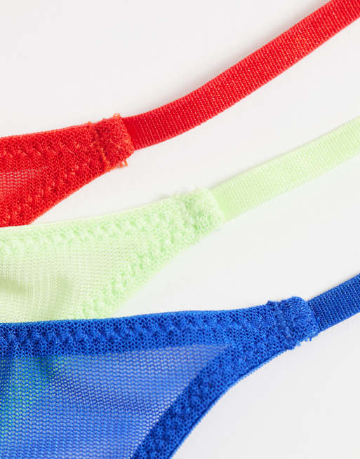 ASOS DESIGN 3 pack sheer mesh tanga lingerie thong in red, blue & green, 3 of 3