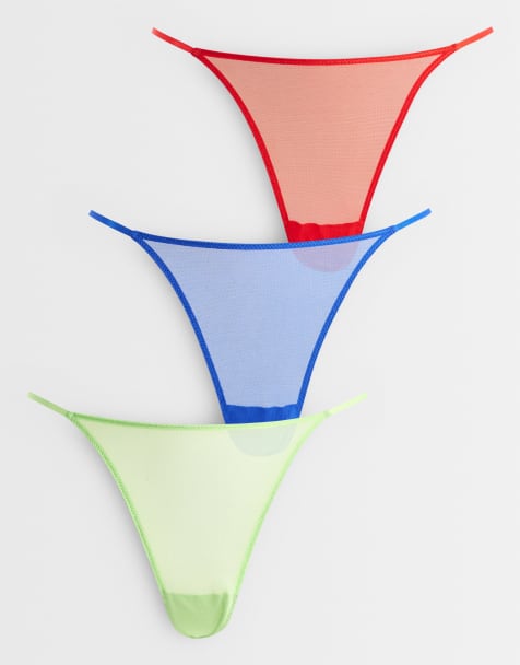 ASOS DESIGN 3 pack sheer mesh tanga thong in red, blue & green - view 1
