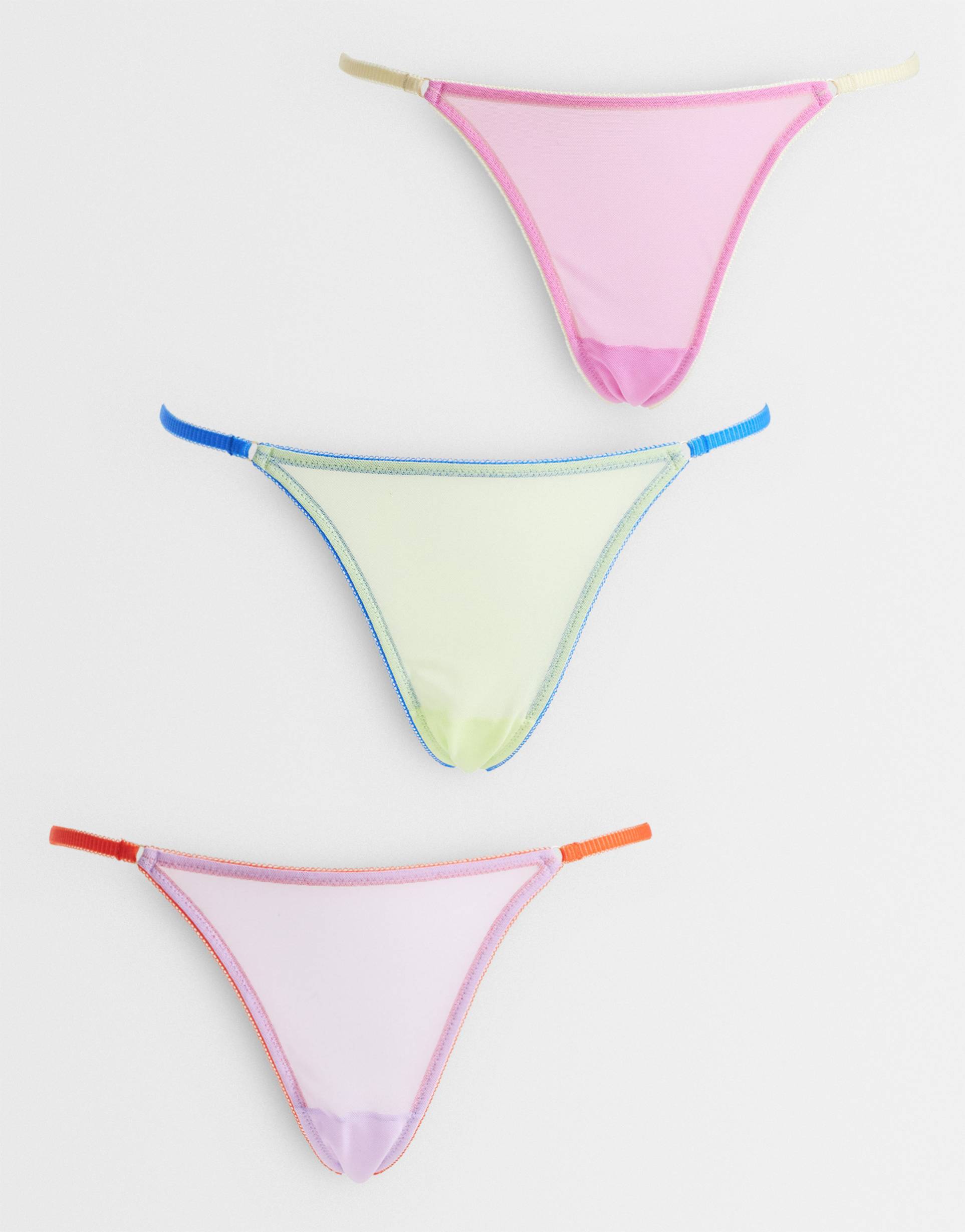 asos design 3 pack sheer mesh tanga thong with contrast trim in lilac, blue & lime