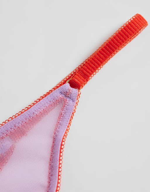 ASOS DESIGN 3 pack sheer mesh tanga thong with contrast trim in lilac, blue & lime, 2 of 3