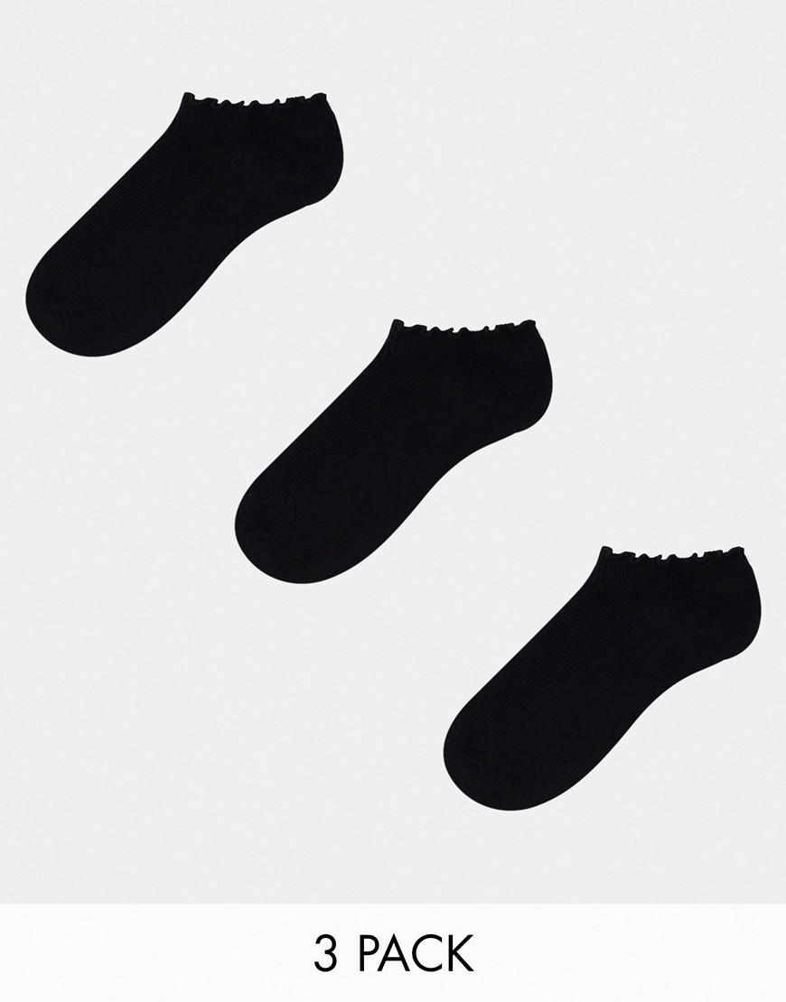 ASOS DESIGN 3 pack short ankle socks in black with frill trim