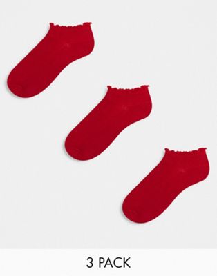Asos Design 3 Pack Short Ankle Socks In Red With Frill Trim