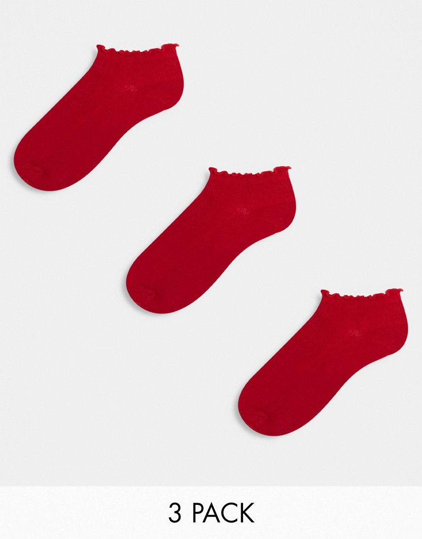 ASOS DESIGN 3 pack short ankle socks in red with frill trim