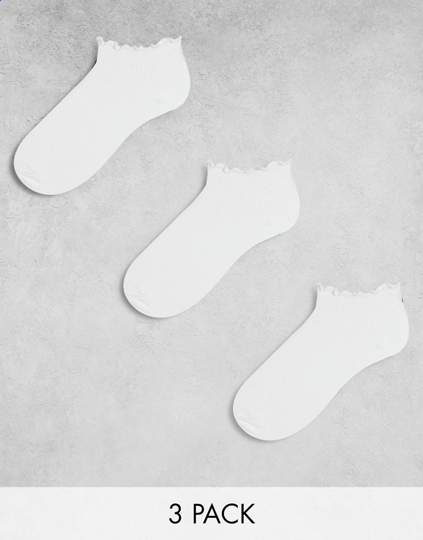 ASOS DESIGN 3 pack short ankle socks in white with frill trim