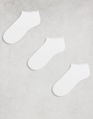 ASOS DESIGN 3 pack short ankle socks in white with frill trim