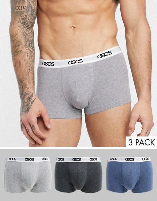 ASOS DESIGN 3 pack short trunk in grey and navy marl organic cotton with branded waistband