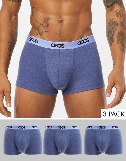 ASOS DESIGN 3 pack short trunk in navy marl organic cotton with branded waistband