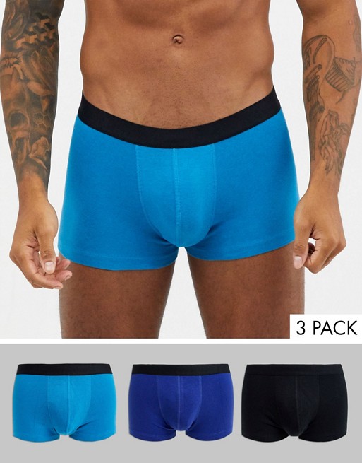 ASOS DESIGN 3 pack short trunks in black and blue organic cotton