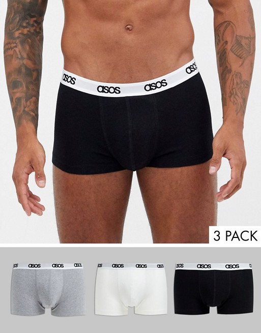 ASOS DESIGN 3 pack short trunks in black grey and white organic cotton with branded waistband