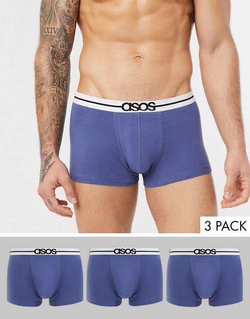 ASOS DESIGN 3 pack short trunks in blue organic cotton with contrast white branded waistband